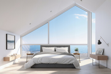 Luxury attic bedroom with panoramic windows. Minimalist design, ocean view