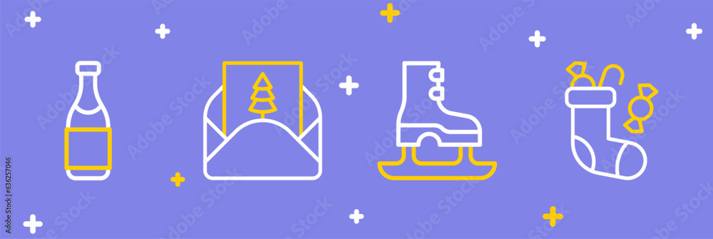 Wall mural set line christmas stocking, skates, envelope and champagne bottle icon. vector