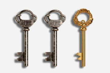 Three isolated keys with transparent background. Generative AI