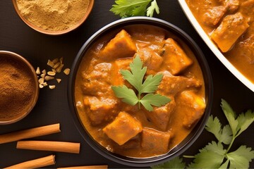 Top view of vegetarian madras curry with sweet potatoes & cashew nuts in saucepan. Copy space available. Generative AI - obrazy, fototapety, plakaty