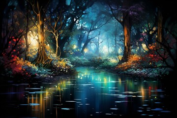 Imaginary woods surrounding a pond, abstract isle, fluorescent illumination reflecting on water. Generative AI