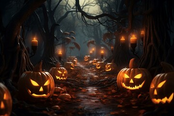 Spooky Halloween with abstract pumpkins in a forest, 3D rendering for a horror night. Generative AI