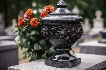 Black marble vase with roses on a tombstone in a cemetery. Generative AI