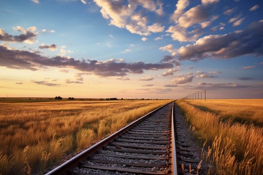 Railway tracks extending into the prairie. Generative AI