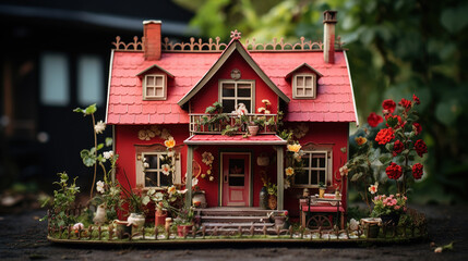 Cute children dollhouse with flowers outside