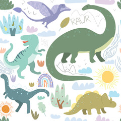 Seamless pattern with dino pastel colors, plants, rainbows, sun, clouds and mountains. Word Rawr. Vector illustration.