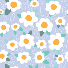 Seamless pattern with daisies on blue background. Vector illustration.