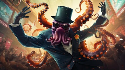 A funky octopus with a top hat and shades, displaying its many tentacles in a lively dance. Fairy tale illustration, animal card, joyful wallpaper. Generative AI. 