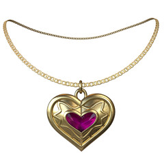 A 3d rendered overlay of a golden heart necklace with a pink crystal in the center, isolated on a transparent background. 