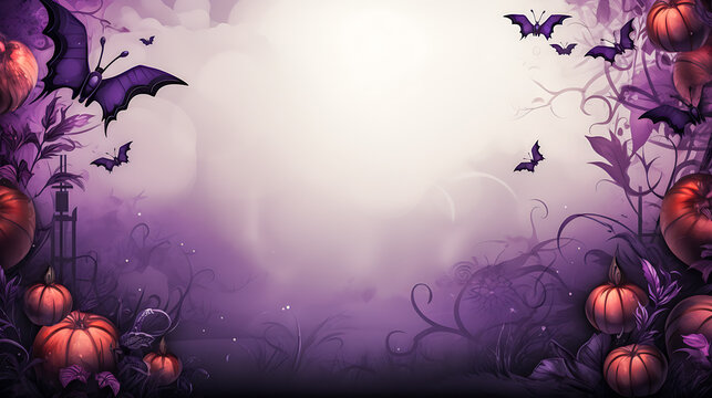 Halloween background with a pumkins, bats, spiders and autumn leaves in a purple colors with copy space