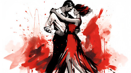 Graphic of Couple in Passionate Tango Dance. Ink Painting in Black and Red. AI generative. 
 - obrazy, fototapety, plakaty