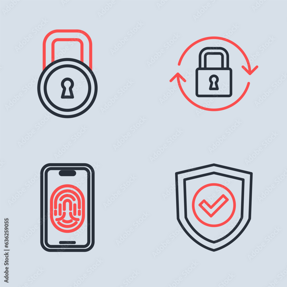 Poster set line lock, mobile with fingerprint scanner, shield check mark and icon. vector