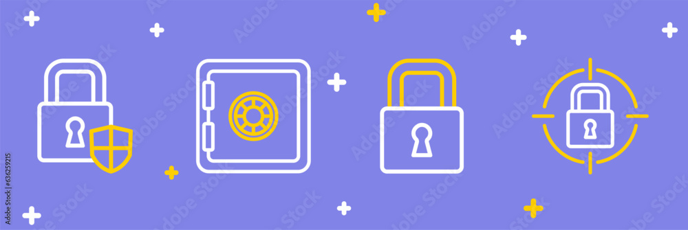 Poster set line lock, safe and shield security with lock icon. vector