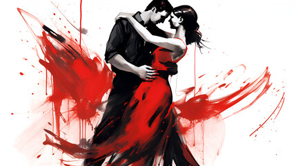 Graphic of Couple in Passionate Tango Dance. Ink Painting in Black and Red. AI generative.  - obrazy, fototapety, plakaty