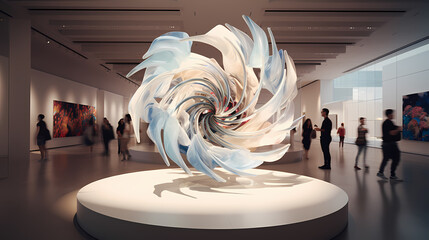 Digital pixel whirl transforming into a 3D sculpture within a gallery backdrop