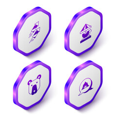 Set Isometric Firework rocket, Attraction carousel, Bear head and Circus tent icon. Purple hexagon button. Vector