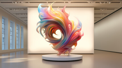 Digital pixel whirl transforming into a 3D sculpture within a gallery backdrop