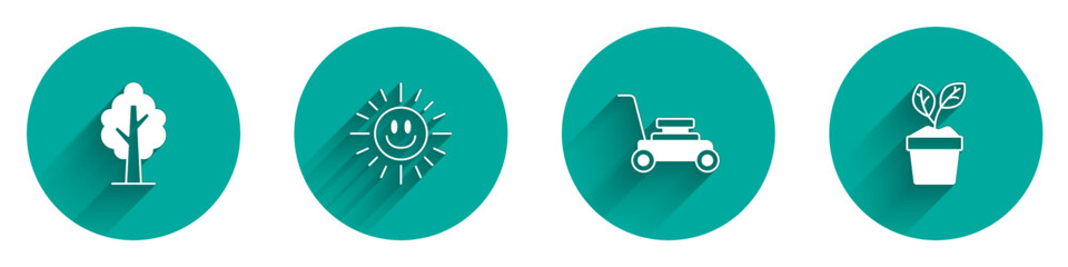 Set Tree, Sun, Lawn mower and Plant in pot icon with long shadow. Vector