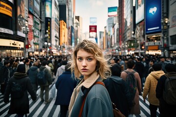 Fototapeta premium Curious Tourist Exploring Vibrant Streets of Tokyo. Generative AI