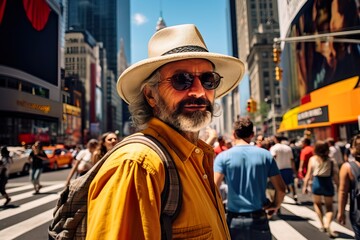 Curious Tourist Exploring Bustling Streets of Vibrant New York. Generative AI