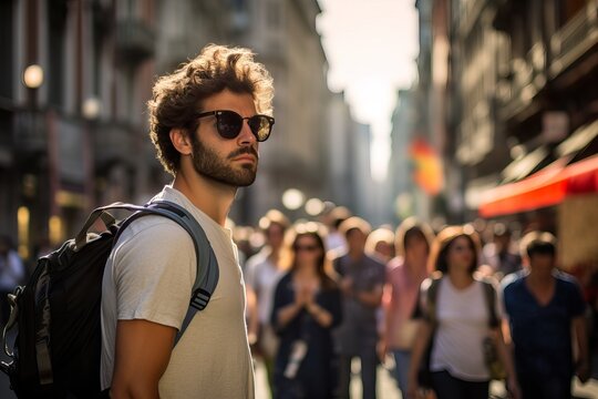 Curious Tourist Exploring Vibrant Streets of Milan. Generative AI