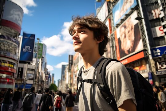 Curious Tourist Exploring Bustling Streets of Vibrant Osaka. Generative AI