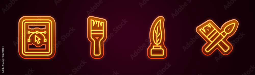 Aufkleber set line computer with design program, paint brush, feather and inkwell and . glowing neon icon. vec