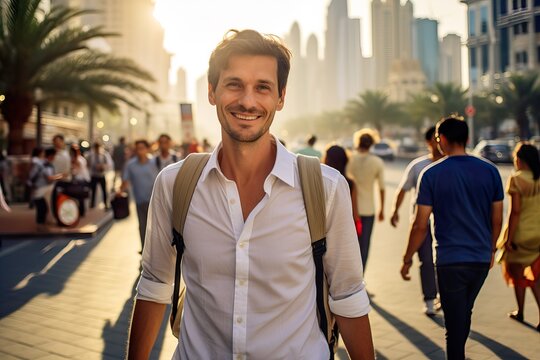 Curious Tourist Exploring Vibrant Streets of Dubai. Generative AI