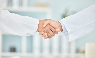 Handshake, partnership and people in healthcare with trust and help, communication and introduction with welcome. Shaking hands, medical collaboration and support with thank you, agreement and team - obrazy, fototapety, plakaty