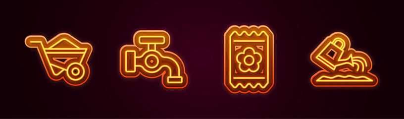 Set line Wheelbarrow, Water tap, Pack full of seeds and Watering can. Glowing neon icon. Vector