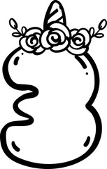 unicorn number 3 birthday illustration doodle outline.