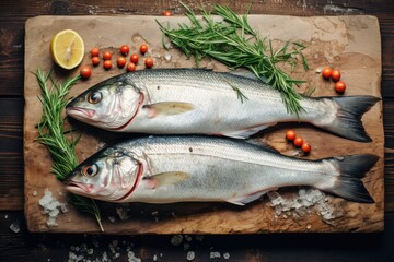 Raw whole fish on wooden background. Overhead view.