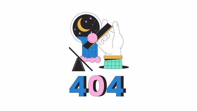 Surreal esoteric 404 error animation. Hand with gutter dropping sphere down error message gif, motion graphic. Waterfall crescent animated cartoon line concept 4K video isolated on white background
