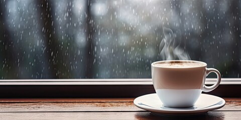 Hot coffee in mug on wooden table during snowfall. Raindrop serenity with steamy cup of espresso
