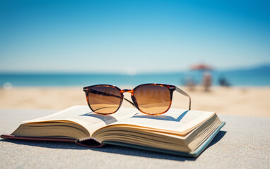 book and sunglasses on the beach