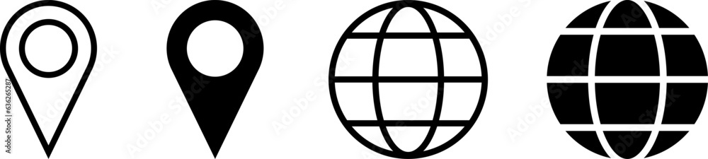 Poster set of black and white world globe earth web map and location pointer pin or you are here marker sig