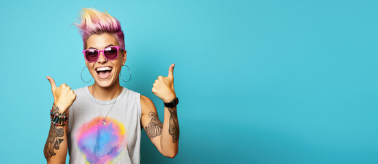 Young woman with colourful dyed hair, sunglasses, some tattoos, cheeky attitude, smiling and showing approving thumbs up. Wide banner copy space on side. Generative AI