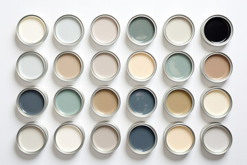 top view of open neutral color cans with paint on a light background,