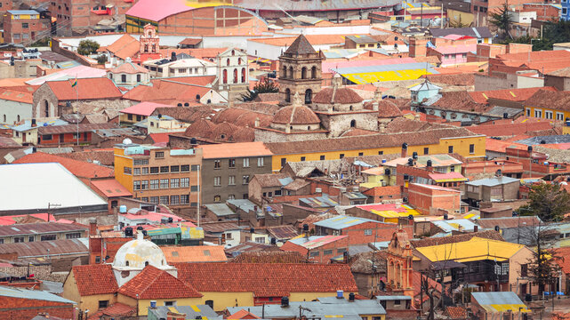 Distant view of the ancient San Francisco church in Potosi city, Bolivia. Temples and several religious architecture. Southamerica