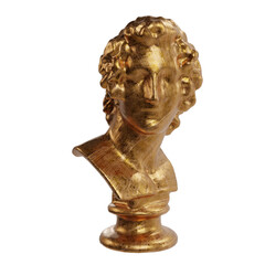 A 3d rendered overlay of a golden bust of a male head isolated on a transparent background. 