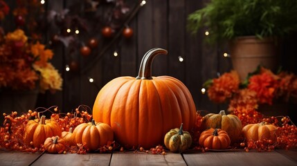 AI Generated autumn pumpkin with maple leaves over wooden table background. Thanksgiving harvest design concept