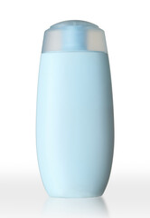 blue plastic hair shampoo bottle without label