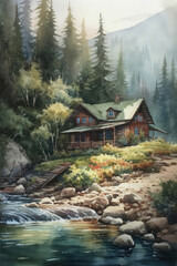 Fototapeta premium Wooden cabin next to a river in the middle of the forest. Generative AI.