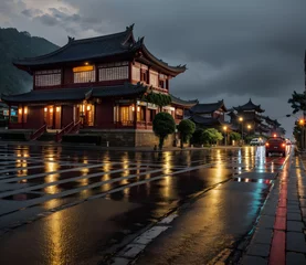 Abwaschbare Fototapete Peking China road in rain with detail