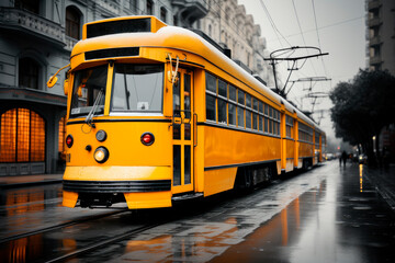 Naklejka na ściany i meble A glossy yellow retro tram traverses empty street of a town