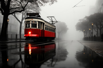 A red retro tram traverses empty and silence street  in foggy morning