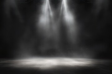 Lights shine on stage with clouds of smoke. Captivating abstract stage design - obrazy, fototapety, plakaty