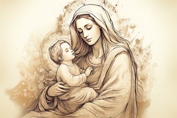 Graphic drawing of the statue of the Orthodox Virgin Mary with the baby AI
