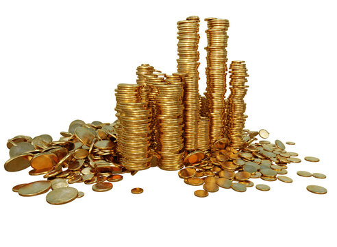 A 3d rendered overlay of a piles of golden coins isolated on a transparent background. 