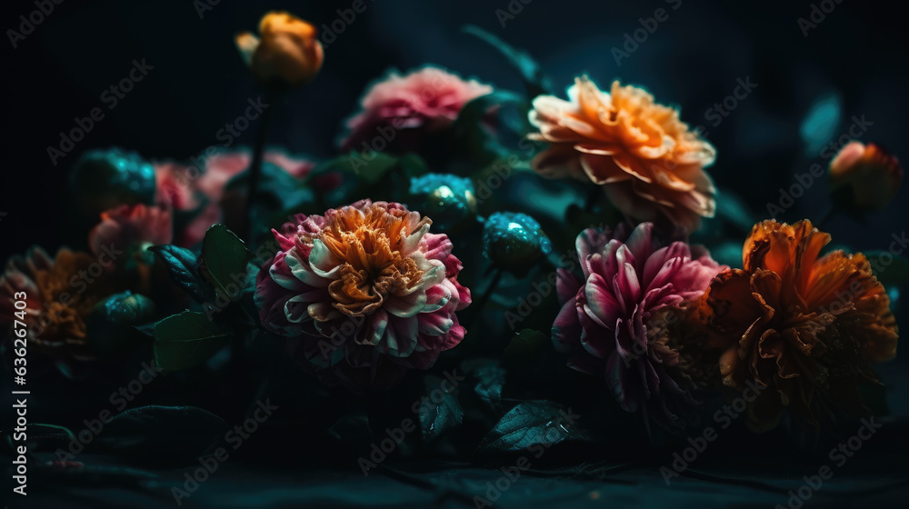 Wall mural Colorful flowers on teal painted dark moody background.